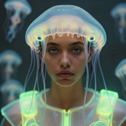 a close - up shot of a brown woman wearing a luminous neon jelly fishe armor. jelly fishes in the air. soft lighting. fragile. piercing eyes!! jellyfish eyes!! coherent face!! no makeup!! muted colors. by ray caesar. by louise dahl - wolfe. by andrea kowch. surreal photography