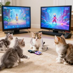 kittens playing videogames, marketing photography