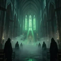 inside an enormous cathedral, thick fog fills the cathedral, creepy hooded figures, green ambient light, digital art