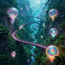 mythical glowing orbs on bridges through lush valley, ( ( ( synthwave ) ) ), ( ( fractal waves ) ), bright neon colors, highly detailed, cinematic, tim white, michael whelan, caza, bob eggleton, philippe druillet, vladimir kush, kubrick, alfred kelsner