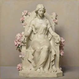 oil painting sculpture of a woman seated on a throne in flowers yuming li sussmann, soft beige and pink