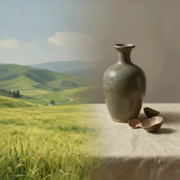 smooth transition from landscape to still life, inpainting