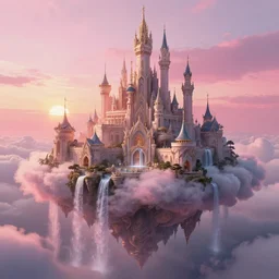 beautiful!!! digital painting of a ( ( ( floating cloud kingdom ) ) ) with an intricate expensive castle and waterfalls!! | dreamy pink!!! sunset!!! intricate civilization, epic rim lighting, dramatic!!!! craig mullins, james jean, octane render, trending on artstation, deviantart, studio level quality, hyperdetailed