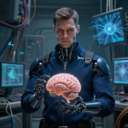 zoomed out, intricate a dark male android in dark blue clothes holding a brain and neurons, in a room full of wires and computers and neural networks, realistic face, zoomed out, sci - fi, ai, 4 k realistic, artem demura. alphonse mucha.