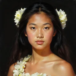 body portrait of hawaiian princess wearing a lea, by terry o'neill intricate, elegant, highly detailed, digital painting, glistening skin, artstation, concept art, smooth, sharp focus, contrasting lighting, bright colors, dark background, illustration, art by artgerm and greg rutkowski and alphonse mucha, 8 k