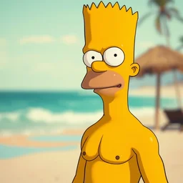 professional photo of person looking like bart simpson, he's muscular, on the beach at noonday, blur background, high details, original simpsons cartoon style