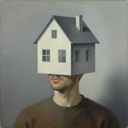 A painting of a man with a head looking like a house, surrealism