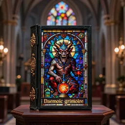 daemonic grimoire, [ grimoire made of church stained glass ], grimoire on podium with a chapel background, grimoire laughing demon, bokeh focus on grimoire, 4 k 8 k artstation trending realistic high quality cinematic dramatic lighting lovecraftian colorful magic alchemy symbolic by h. p. lovecraft