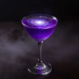 pro food photography of a purple ominous glowing cocktail depicting the galaxy, 4K, high octane, foggy