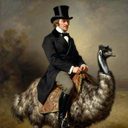 portrait of a respectable dignified royal business elite politician wearing a top hat and coat tails riding on an emu, art by anders zorn, wonderful masterpiece by greg rutkowski, beautiful cinematic light, american romanticism by greg manchess, jessica rossier