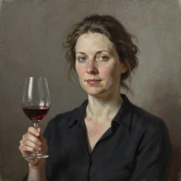 a stunning ultra realistic fine art painting of a female  wine expert , by tom bagshaw, studio portrait, muted colors, detailed hair,  4K