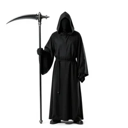 hooded grim reaper with scythe, photorealistic portrait photography, full body, standing, isolated on a pure white background, centered, whole figure in frame, sharp focus, studio lighting