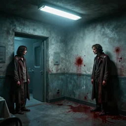 psychiatric asylum, blood stains on the wall, horror scene, eerie atmosphere, by greg rutkowski and gaston bussiere, fluorescent lighting, beautiful volumetric - lighting - style atmosphere, futuristic atmosphere, intricate, detailed, photorealistic imagery, artstation
