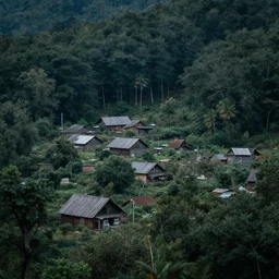 a abounded village in the middle of a forest, creepy atmosphere, realistic, hdr, clear image, hdd, dynamic lighting,
