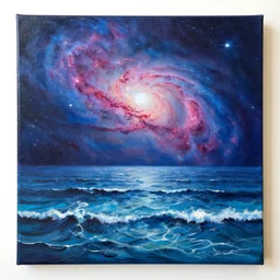 acrylic painting of the ocean mixed with a nebula, by michal karcz