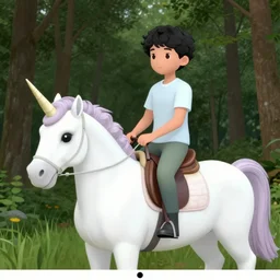 trail cam of a teenager with short black curly hair on the woods riding a real unicorn