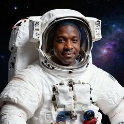 portrait of an african astronaut in the space with nebulae, https://youtu.be/dwgzmILYJhw