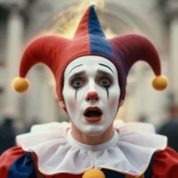 realistic photo of a blurred face of a jester, scared emitting aura, 1 9 6 0, life magazine photo, natural colors, metropolitan museum, kodak, 8 k, very detailed, high resolution, product photo,