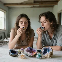 closeup portrait of a couple eating colorful crystal geodes at a dining table, in a desolate abandoned house, by Annie Leibovitz and Steve McCurry, natural light, detailed face, CANON Eos C300, ƒ1.8, 35mm, 8K, medium-format print