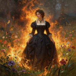 tragic scene of female noblewoman in a burning field of flowers, a fantasy digital painting by Greg Rutkowski and James Gurney, trending on Artstation, highly detailed