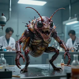 a scary gross insect monster creature in a lab by neville page, ken barthelmey, carlos huante and doug chiang, sharp focus, trending on artstation, hyper realism, octane render, 8 k, hyper detailed, ultra detailed, highly detailed, zbrush, concept art, creature design