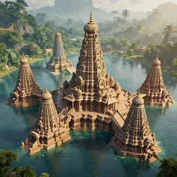 4 k unreal engine render of an ancient never seen before indian high detail palace and temple islands. complex architecture with intricate aetheral pilars. high detailed water. jungle background. afternoon light. hyper realistic render, digital illustration, trending on art station