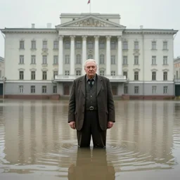 7 0 s movie still of an old manstanding in a soviet stalinist style palace flooded in mud, cinestill 8 0 0 t 3 5 mm eastmancolor, heavy grain, high quality, high detail