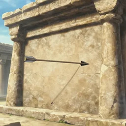 “an arrow trap that shoots an arrow out of the wall of an ancient temple, sandstone, anime style”