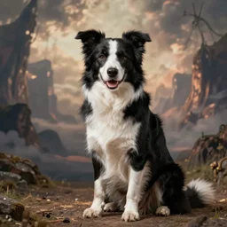 sitting border collie with fantasy background by beeple and rossdraws