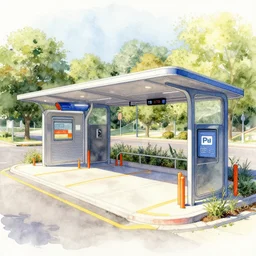 a hiper intricate watercolor of a beatifull modern parking station, extremely detailed, sharp focus, wide view, smooth, digital illustration, colorfull, by william turner art, by greg rutowski, by carl larson, by edmund dulac