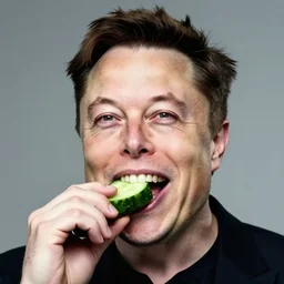 a full portrait of elon musk eating a cucumber joyfully, the cucumber in his mouth, f / 2 2, 3 5 mm, 2 7 0 0 k, lighting, perfect faces, award winning photography.