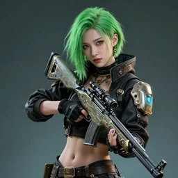 cyberpunk girl with green hair and with a snipe rifle, cyberpunk tech on her clothes, hyper detailed, ornate, 8 k hyperrealist render