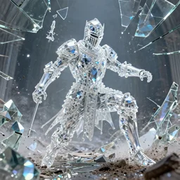 clear diamond knight, made of crystal, broken mirrors, holographic light, intricate, ornate, souls, cinematic lighting, battle scene, 8 k, vray render, dirty, defeat, photography style of tim hetherington