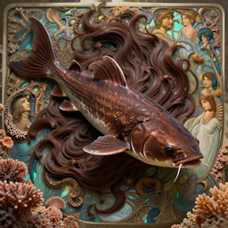 song of the hurricane, detailed beautiful giant catfish, in focus, chocolate, opulent swirling hair, iridescent, organic background, art by wlop, peter morebacher, greg rutkowski, craig mullins, ruan jia, thomas kinkade, victor ngai, ernst haeckel, alphonse mucha, unreal engine, blender, octane, ray tracing. fractal coral, sharp focus