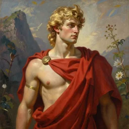 painted portrait of rugged apollo greek god, blonde hair masculine young mountain vegetation handsome powerful upper body red cloak fantasy intricate elegant extremely detailed digital painting trending artstation concept art sharp focus illustration art by alphonse mucha greg rutkowski craig mullins