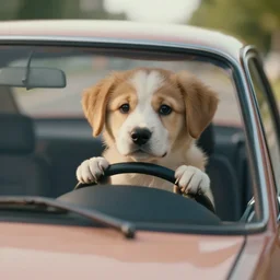 cute puppy driving a car, film still, cinematic lens, realistic