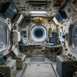 Interior of a space station cluttered with electronics, Wadim Kashin, Simon Stalenhag,  XF IQ4, f/1.4, ISO 200, 1/160s, 8K, RAW, featured in artstation, octane render, cinematic, elegant, intricate, 8k