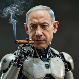 a portrait of benjamin netanyahu as an advanced cyborg smoking a cigar, smoke in background, grainy, dramatic lighting, octane render, neutral colors, sharp, 4 k