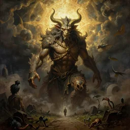 an ancient creature, by asaf hanuka, by caspar david friedrich, by zdzisław beksinski, soviet art, fine art, epic composition, dramatic, divine, powerful, rim light, on path to enlightenment, on path to buddhahood