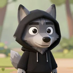 a wolf wearing a black hoodie, Pixar style, 3D render, octane render, unreal engine 5, path tracing, cute, Disney style, 4K, natural lighting, high quality, highly detailed, low poly,
