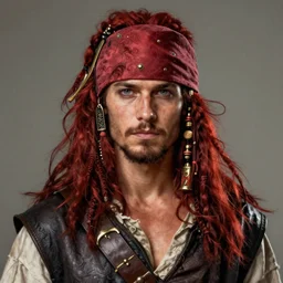 portrait of a young pirate, 30 years old, male, ruggedly handsome, masculine, upper body, red hair, long hair, D&D, fantasy, intricate, elegant, highly detailed, cinematic lighting, digital painting, artstation, concept art, cutscene, sharp focus, illustration, art by Artgerm and Greg Rutkowski and Alphonse Mucha