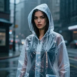 a realistic portrait of a beautiful woman wearing a futuristic transparent raincoat with hoodie in a dystopian city, raining, by syd mead