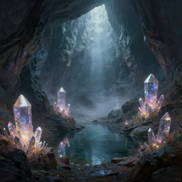 beautiful stunning painting of a deep mysterious foggy rocky cave landscape filled with large magic glowing crystals and a small reflective pond, fantasy, digital art, volumetric light, realism, trending on artstation