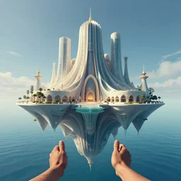 first person perspective digital illustration of a floating water palace by beeple and Roger Dean:1|fantasy, horizontal symmetry, cinematic, architectural design by Frank Gehry:0.9|Unreal Engine, Octane, finalRender, devfiantArt, artstation, artstation HQ, behance, HD, 16k resolution:0.8