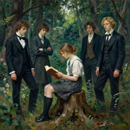 girl reading on stump in the magical forest. andreas achenbach, artgerm, mikko lagerstedt, zack snyder, tokujin yoshioka, impressionist