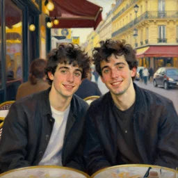 portrait of two happy young aged italian with black hair and green eyes sit outside a busy parisian cafe at sunset painted by emile friant