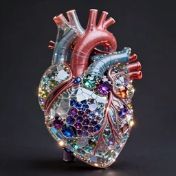 anatomical human heart made of cracked glass and gemstones, realistic fantasy photography, detailed