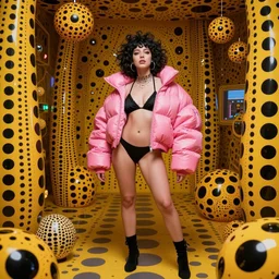 beautiful fantasy character portrait, yayoi kusama locked in an infiniti room, wearing oversized puffy pink bomber jacket and black bikini, ultra realistic, wide angle, seductive pose, cyberpunk artifacts, highly detailed by peter mohrbacher, hajime sorayama, wayne barlowe, boris vallejo, aaron horkey, gaston bussiere, craig mullins