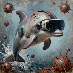 junky dolphin, cybertronic gadgets and vr helmet, durty colours, erotten textures, rusty shapes, biotechnology, tim hildebrandt, wayne barlow, bruce pennington, donato giancola, larry elmore, oil on canvas, masterpiece, trending on artstation, featured on pixiv, cinematic composition, hyper - detailed, hd, hdr, 4 k, 8 k