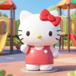 sculpture of hello kitty and sanrio characters playing outside at a playground on a sunny day